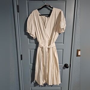 Eloquii Linen Cream/White Midi Dress Plus Size 28